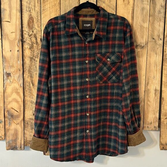 CQR‎ Flannel Button Up Shirt Dark Red / Orange Green Plaid Mens Size XL - Picture 1 of 13